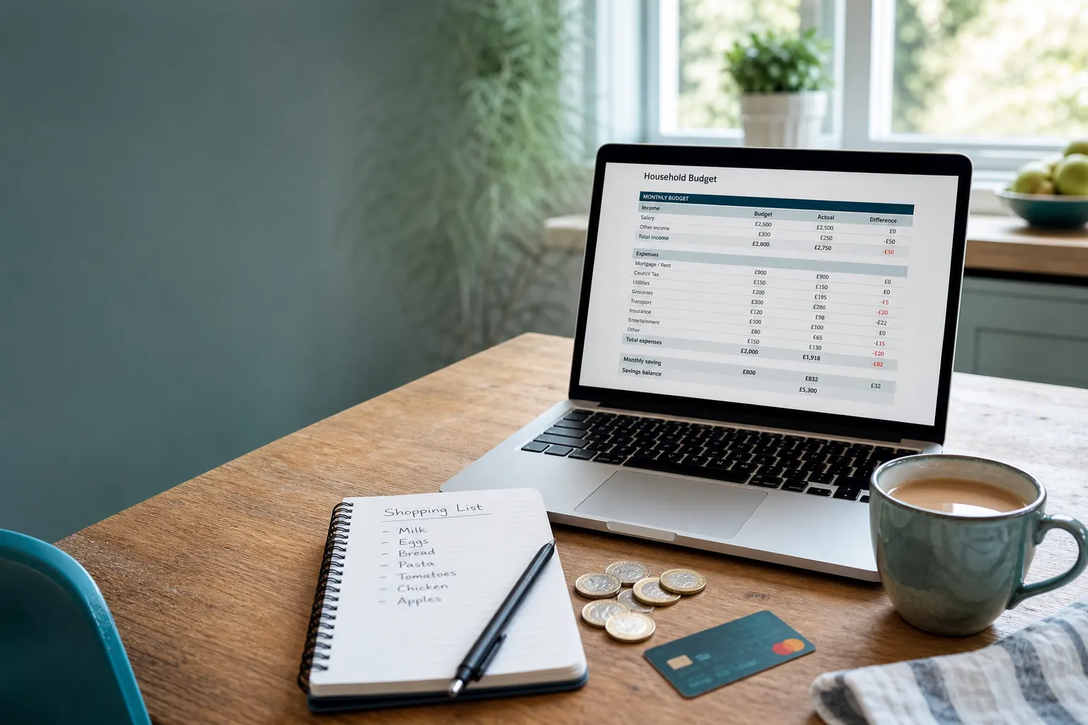 Kitchen table with budgeting notes, laptop and household paperwork